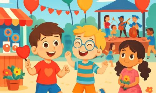 Há 3 personagens: - Miguel: um menino de 8 anos com cabelos castanhos e olhos brilhantes. Ele usa uma camiseta vermelha com um coração e um short azul, sorrindo alegremente enquanto segura um pirulito em forma de coração. - João: um menino de 8 anos, amigo de Miguel, com cabelos loiros e óculos redondos. Ele veste uma camisa listrada colorida e um short, rindo enquanto mostra seus movimentos de dança. - Ana: uma menina de 8 anos com cabelos longos e cacheados, presos em dois coques. Ela usa um vestido rosa com estampas de flores e sapatilhas brancas, um pouco afastada, sorrindo timidamente para Miguel. O local é uma grande praça animada, decorada com guirlandas de corações de papel, balões coloridos flutuando no céu azul e barracas de doces. Famílias e crianças dançam ao redor de um palco onde uma banda toca música alegre, com flores coloridas nas mesas. A cena principal mostra Miguel e João dançando entusiasticamente no meio da festa, cercados por risos e cores vibrantes, enquanto Ana os observa com um sorriso tímido, segurando um pequeno buquê de flores.