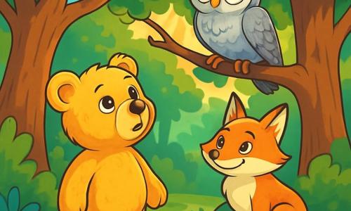 A young teddy bear named Oliver, with soft golden fur and eyes bright like autumn leaves, stands at the center of the scene, displaying an expression of wonder and curiosity. He looks up, fascinated by a wise owl perched on a branch, which has shimmering silver feathers and wise eyes, showing a benevolent and mysterious expression. Nearby, a clever fox with fiery fur and sparkling eyes observes the scene with a mischievous smile, sitting on a moss-covered rock. The setting is an enchanted clearing surrounded by majestic trees with thick trunks and vibrant leaves, where sunlight filters through the foliage, creating bright patterns on the ground. The main situation shows Oliver looking up at the owl, attentively listening to its words of wisdom, while the curious fox approaches to listen as well, adding a touch of magic to this moment of discovery and learning.