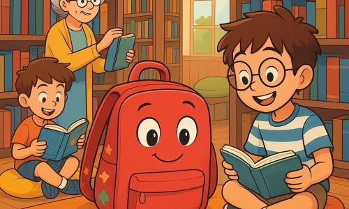 Poppy, a small backpack with bright eyes and a warm smile, stands in the center of a bright library, surrounded by colorful book covers. Her straps are adorned with star and heart designs, and she curiously gazes at a large open book in front of her, her eyes sparkling with excitement and hope. Next to her, Mateo, a boy with messy brown hair and round glasses, flips through a storybook, his face lit up with a joyful smile. He wears a striped t-shirt and shorts, clearly delighted to share this adventure with Poppy. In a corner, Mrs. Hargreaves, an elderly lady with gray hair and glasses perched on her nose, is shelving books. Her face is gentle and kind, smiling as she observes the children, her wrinkled hands telling of many stories lived. The library is spacious, with large windows letting in sunlight, illuminating the dark wooden shelves filled with brightly colored books. Plush cushions are scattered on the floor, creating cozy nooks for reading and dreaming. The main scene shows Poppy and Mateo creating a map on a large piece of paper, surrounded by colored pencils, as they discuss places where people can find help and warmth in their neighborhood. The atmosphere is joyful and full of hope, illustrating the importance of community and solidarity.