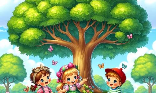 In un grande parco verde, tre bambini sono riuniti attorno a un maestoso albero. Luna, una ragazza di 7 anni con lunghi capelli biondi e un vestito rosa, alza le braccia in aria con meraviglia, gli occhi brillanti. Alla sua destra, Leo, un ragazzo di 8 anni con un cappello rosso e una maglietta a righe, sorride saltellando, pieno di energia. A sinistra, Nina, una bambina di 6 anni con capelli castani raccolti in due codini, spinge delicatamente un piccolo carrozzino decorato con fiori colorati, mostrando un sorriso dolce e curioso. Il luogo è un parco soleggiato, con un cielo blu e nuvole bianche. L'albero, enorme e maestoso, ha un tronco spesso e foglie verdi brillanti che formano una grande ombra sul terreno. I bambini discutono allegramente della bellezza dell'albero, rendendosi conto che rappresenta la loro amicizia e le radici comuni. Si abbracciano e ridono insieme, celebrando il legame speciale che condividono sotto l'ombra protettiva dell'albero.
