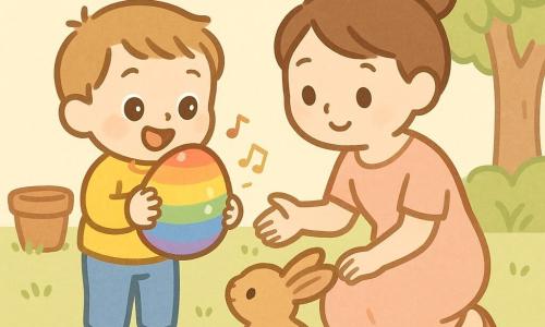 A joyful 4-year-old boy with short light-brown hair and bright round eyes, wearing a bright yellow sweater and blue pants, holds a large smooth shiny rainbow egg against his chest; his smiling mother in her 30s with brown hair in a bun and a pastel dress crouches beside him, reaching out gently; a small fluffy brown rabbit with upright ears sits in front, tilting its head toward the egg; they are in a spring garden of tender green grass and white daisies, a large leafy tree to the right and a terracotta flowerpot to the left, bathed in soft golden morning light; the rainbow egg emits small visual musical notes, creating a pastel, wonder-filled scene.
