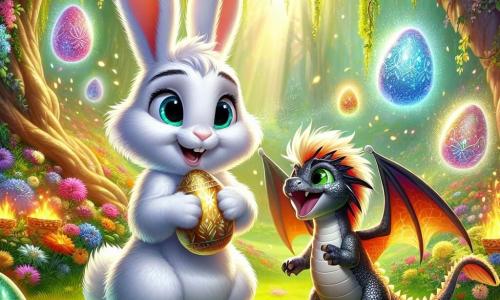 Thistle, a small rabbit with cloud-like white fur and sparkling eyes, stands at the center of the scene with its ears perked up and a big smile, holding a shiny golden Easter egg between its paws. Next to it, Dazzle, a mini-dragon with iridescent scales sparkling like jewels, joyfully flies around, creating colorful sparks, its expression full of excitement and pride. In the background, the enchanted clearing is filled with vibrant flowers, sunlight filtering through majestic trees, and decorated Easter eggs glimmering in the green grass. The scene captures the magical moment when Thistle makes a wish while holding the egg, surrounded by its animal friends, all united in a joyful and celebratory atmosphere.
