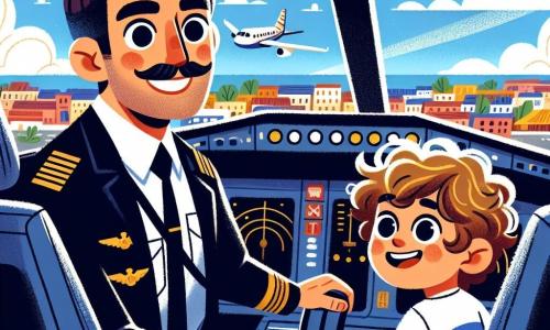 Ein männlicher Pilot namens Herr Müller sitzt im Cockpit eines Flugzeugs und zeigt ein breites Lächeln voller Stolz und Aufregung. Er hat leicht zerzauste braune Haare, einen gepflegten Schnurrbart und trägt eine marineblaue Pilotenjacke mit goldenen Abzeichen. Seine Augen strahlen vor Enthusiasmus, während er durch das Fenster schaut, bereit zum Abheben. Neben ihm sitzt ein etwa 8-jähriger Junge namens Tim mit lockigem, blondem Haar und einem bunten T-Shirt mit Flugzeugmotiv, der fasziniert die Landschaft darunter betrachtet. Er sitzt auf dem Passagiersitz, die Hände auf dem Armaturenbrett, mit weit aufgerissenen Augen vor Freude und Aufregung. Das Cockpit ist mit blinkenden Lichtern und bunten Instrumenten gefüllt, und ein großes Fenster bietet einen spektakulären Blick auf einen strahlend blauen Himmel, der mit flauschigen weißen Wolken übersät ist. Im Hintergrund ist die Stadt Lübeck mit ihren roten Backsteinhäusern und engen Gassen zu sehen, die kleiner werden, je höher das Flugzeug steigt. Die Hauptsituation der Geschichte zeigt Herr Müller und Tim, die bereit sind, in einem sonnigen Himmel mit flauschigen Wolken um sie herum abzuheben, was den Beginn eines großen Luftabenteuers symbolisiert.