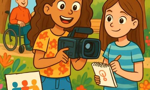A 12-year-old girl, Mia, with long curly brown hair and sparkling curious eyes, smiles joyfully while holding a camera, ready to film. She wears a colorful t-shirt with floral patterns and denim shorts, showing an expression of excitement and determination. Next to her, Lily, another 12-year-old girl with smooth brown hair, looks on with admiration, holding a sketchbook where she jots down ideas. She wears a striped dress and has a focused yet happy expression. In the background, Mr. Jenkins, a man in his fifties, sits in his wheelchair with a broad smile, surrounded by colorful plants and flowers in a sunny park. The setting is lush with greenery, featuring majestic trees and wooden benches, creating a welcoming and warm atmosphere. The main scene depicts Mia and Lily preparing their project on inclusion, with posters and props around them, illustrating their commitment to raising awareness about disability and the importance of friendship.