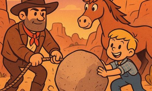 Ein etwa 35-jähriger Mann mit kantigem, bärtigem Gesicht, entschlossener, sanfter Miene, braunem Cowboyhut, staubiger Lederjacke, rotem Halstuch und abgenutzten Stiefeln zieht an einem dicken Seil, das an einem Felsen befestigt ist, um den Durchgang frei zu machen; ein etwa 10-jähriger blonder Junge mit rundem, begeistertem Gesicht, blau kariertem Hemd und Latzhose schiebt neben dem Mann den Felsen, Muskeln angespannt, stolzes Lächeln; hinter ihnen das große kastanienfarbene Pferd Blitz mit vom Wind zerzauster Mähne, aufgerichteten Ohren und loyalem Blick; ein kleiner roter Fuchs mit schelmischem Blick und buschigem Schwanz sitzt auf einem nahen Felsen und beobachtet die Szene wie ein neugieriger Freund; Ort: schmaler Durchgang zwischen hohen ocker- und rostfarbenen Felsen namens „Coyote-Felsen“, kiesiger Boden, trockene Gräser und vereinzelte Kakteen, spätnachmittäglicher Himmel in Orange- und Violetttönen; Hauptszene: gemeinsames Arbeiten am Verschieben eines großen Steinblocks, gespanntes Seil, Staubwolke, Bewegung in Kleidung und Mähne; grafischer Stil: dicke schwarze Konturen, überzeichnete runde Formen, leicht körnige Texturen, warme kontrastreiche Farbpalette, weiches Sonnenuntergangslicht, heroische und beruhigende Stimmung.