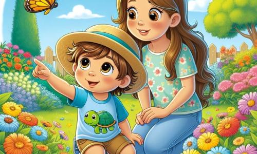 A 4-year-old boy named Tommy, with messy brown hair and sparkling curious eyes, is sitting in a colorful garden surrounded by bright flowers. He is wearing a blue t-shirt with a turtle design and a small straw hat. His face expresses joy and wonder as he points at a beautiful yellow butterfly flying around him. Next to him, his mom, Sara, a woman in her thirties with long brown hair and a warm smile, crouches down to his level. She is wearing a light floral dress and looks at Tommy with tenderness, sharing this magical moment. The garden is filled with multicolored flowers, lush green trees, and a clear blue sky dotted with a few white clouds. A well-kept patch of lawn where they are sitting adds to the peaceful and joyful atmosphere. The main scene shows Tommy and his mom following a butterfly joyfully flying around them, symbolizing hope and the beauty of life, even in moments of fatigue.