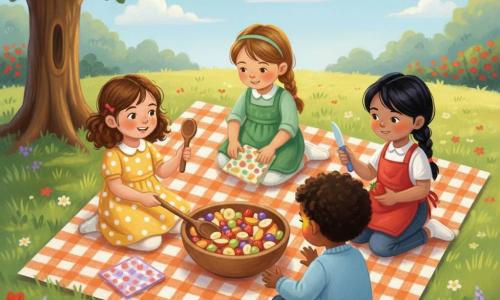 Hay cuatro niñas de 4 años: Lucía, piel clara, cabello castaño rizado en coletas, vestido amarillo de lunares blancos, a la izquierda con una cuchara de madera sonriendo hacia la ensalada de frutas; Ana, piel mestiza, cabello negro liso en trenza, delantal rojo, sentada a la derecha con un cuchillo de plástico mostrando una fresa cortada; María, piel oliva, cabello castaño claro con diadema, vestido verde, agachada arriba del círculo arreglando servilletas; Paula, piel oscura, cabello corto rizado, suéter azul claro, abajo del círculo mezclando la ensalada con una cuchara grande, expresión concentrada que sugiere una percepción del color diferente. Escena en un parque soleado sobre césped con un gran roble a la izquierda, flores rojas y violetas en el borde, mantel de cuadros blanco y naranja, cielo azul con nubes; las cuatro amigas hacen un picnic y preparan en círculo una gran ensalada de frutas en un bol de madera en primer plano con trozos de manzana, fresa, plátano y uva, ambiente cálido, risas y colores vivos en textura de pastel grasoso.