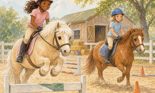 Four main characters: a 9-year-old girl with dark chestnut hair in a ponytail, pink helmet, smiling, seated on Buttercup (cream pony) left of scene looking toward a small jump; a 9-year-old girl with blond bob, blue helmet, focused, seated on Patch (chestnut pony) right of scene guiding him around an orange cone; Buttercup, small cream pony with a white forelock, slightly jumping a small painted white-and-green wooden obstacle center-left; Patch, energetic but calm chestnut with a white blaze, trotting around a cone center-right. Setting: sunny pony arena with low white wooden fences, soft sandy footing with hoof marks, a row of small colorful obstacles (red and blue poles, orange cones), and a light-wood barn, golden hay bales and a lone tree casting a gentle shadow in the background. Main situation: both girls practice a small balance-and-jump course, Buttercup clears the small obstacle quietly while Patch skirts a cone guided by the blond girl’s gaze, atmosphere of cooperation and concentration, calm gestures, smiling faces and fluid pony movement.