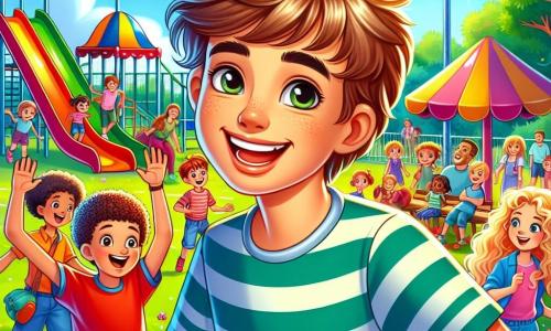 Un băiat de 12 ani, Andrei, cu părul castaniu și un zâmbet larg, se află în centrul unui parc de distracții însorit, înconjurat de tobogane colorate și leagăne. Fața lui exprimă o bucurie radiantă, cu ochii strălucind de fericire în timp ce aleargă spre un grup de prieteni. La dreapta sa, Alex, un băiat de 12 ani cu părul blond și ochelari rotunzi, își ridică brațele în aer cu entuziasm, pregătindu-se să se alăture lui Andrei la o partidă de fotbal. La stânga, o fată de 11 ani, Maria, cu părul lung și creț, zâmbește ținând o minge, încurajându-și prietenii să joace împreună. Parcul este plin de culori vii, cu copaci verzi, flori strălucitoare și râsete de copii care răsună în aer. Familiile se adună în jurul meselor de picnic, iar cerul este de un albastru strălucitor, presărat cu câteva nori albi pufoși. Situația principală îi arată pe Andrei, Alex și Maria distrându-se împreună, alergând spre terenul de joacă, fețele lor radiante de fericire și excitație, ilustrând frumusețea prieteniei și bucuria de a împărtăși momente împreună.