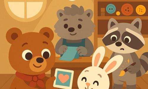 Ein runder, zärtlicher brauner Teddybär mit neugierig-fröhlichem Blick und rotem Detektivschal hält vorsichtig ein kleines quadratisches Foto und zeigt es der dankbaren, lächelnden weißen Häsin mit rosafarbenen Ohren, während ein ernstwohlwollender grauer Igel hinter einem Holztisch ein Stück Stoff hält und ein etwas verlegener, gestreifter Waschbär mit Pinsel und Glitzer nahe einem Regal steht; alles spielt sich in einer warmen Hinterstubenwerkstatt mit Holzregalen voller bunter Kästchen, Knöpfen und Garn, einer gelben Hängelampe und einer runden Fensteröffnung ab, die eine sanfte, freundliche Enthüllungsszene mit zentraler Komposition, klaren Linien und kindgerechten Formen zeigt.