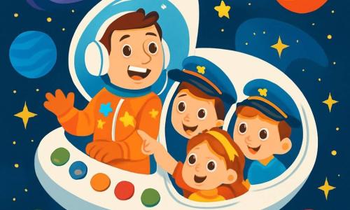 Un bărbat, Călin, zâmbitor și entuziast, poartă un costum de astronaut strălucitor, cu stele și planete desenate pe el. El este așezat în cockpitul navetei sale spațiale rotunde, înconjurat de butoane colorate care clipește. Lângă el, trei copii, doi băieți de 7 ani și o fetiță de 6 ani, cu ochii strălucind de curiozitate, se uită pe geamurile navei. Băieții poartă șepci de pilot, iar fetița are o bentiță cu stele. Scena se desfășoară în spațiu, cu un fundal de galaxii spirale și stele scintilante. Nava plutește printre planete de culori vii, precum albastru, roșu și verde. Călin, cu un zâmbet larg, le explică copiilor cum să piloteze nava, în timp ce ei râd și arată cu degetul minunile universului.