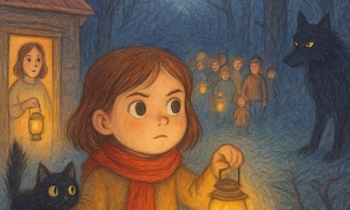 A brave six-year-old girl named Clara stares toward the forest, eyes bright, cheeks round, wearing a red scarf and holding a small flickering golden lamp; a black cat, Whiskers, with bristled fur and plume tail watches from the windowsill; an adult man (around 35) stands in the street with a lit torch in a protective posture to the right of the house while a worried but relieved woman (around 30) appears in the doorway holding a lantern to the left; villagers with lamps form a ring of light advancing toward the treeline where the Big Bad Wolf stands at the forest edge, a dark silhouette with glossy black fur and piercing yellow eyes recoiling into the shadow of gnarled trees; the night scene by a small wooden house features light ground mist, a pale moon, and a soft colored-pencil palette—warm tones for lamps and house, cool deep tones for the forest and wolf—as Clara blinks her lamp to signal, the golden light hits the wolf and triggers the village lamps to flare, driving back the darkness.