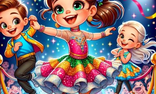 Uma menina de 8 anos, chamada Maria, dança alegremente em um palco de madeira, vestida com um lindo traje colorido cheio de brilhos. Seu rosto irradia felicidade e empolgação, seus cabelos castanhos estão presos em um coque alto, e seus olhos brilhantes cintilam sob as luzes do espetáculo. Ao lado dela, um menino de 8 anos, Felipe, usa uma camiseta azul e uma calça preta. Ele sorri amplamente, pronto para incentivá-la, com movimentos de dança enérgicos. Um pouco atrás, Ana, outra menina de 8 anos, faz gestos de dança, com seus cabelos longos flutuando ao seu redor, enquanto João, um menino de 8 anos, se prepara para fazer uma pirueta, ambos exibindo expressões alegres. O palco é decorado com guirlandas coloridas e balões, com um público entusiasmado ao fundo, aplaudindo e sorrindo. As luzes brilhantes iluminam o palco, criando uma atmosfera festiva e dinâmica. A cena principal mostra Maria e seus amigos dançando juntos, unidos pela amizade e alegria, enquanto se preparam para apresentar sua performance no palco, cheios de energia e determinação.
