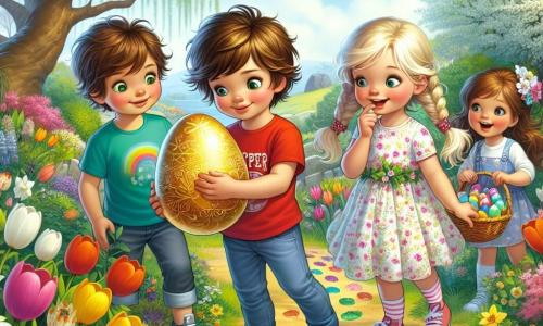 Vier Kinder stehen in einem sonnigen Garten, umgeben von bunten Blumen und grünen Bäumen. Max, ein 8-jähriger Junge mit zerzausten braunen Haaren und einem roten T-Shirt, hält ein glänzendes goldenes Ei in seinen Händen, seine Augen strahlen vor Aufregung. Neben ihm schaut Mia, ein 7-jähriges Mädchen mit geflochtenen blonden Haaren und einem Blumenkleid, das Ei bewundernd an. Leo, ein 9-jähriger Junge mit braunen Haaren und einer blauen Mütze, zeigt auf bunte Fußabdrücke am Boden, während Emma, ein 6-jähriges Mädchen mit lockigen braunen Haaren und einem rosa Rock, fröhlich lacht und einen kleinen Korb mit bemalten Eiern hält. Der Garten ist voller lebendiger Farben, mit Tulpen, Narzissen und Schmetterlingen, die um sie herumfliegen. Im Hintergrund steht ein majestätischer großer Baum mit blühenden weißen Ästen. Die Kinder entdecken ein geheimnisvolles Ei und folgen bunten Fußabdrücken auf einem Abenteuer zur Ostereiersuche, voller Überraschungen und Lachen.