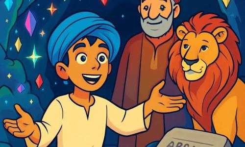 Amir, ein junger Mann mit funkelnden Augen und goldenem Teint, steht im Zentrum der Szene, geblendet von der Schönheit der Höhle. Er trägt einen leuchtend blauen Turban und eine leichte Leinenrobe, seine Arme weit geöffnet, voller Staunen und Neugier. Neben ihm steht Rashid, ein mittelalter Mann mit grauem Bart und warmem Lächeln, leicht im Hintergrund, stolz auf Amir, gekleidet in ein traditionelles Gewand in erdigen Farben. Im Schatten steht ein majestätischer Löwe mit schimmerndem Fell und einer prachtvollen Mähne, dessen Augen weise leuchten, als ob er über die beiden Männer wacht. Die Höhle ist erleuchtet von tausenden funkelnden Kristallen, die das Licht der Sterne reflektieren und ein märchenhaftes Farbenspiel an den Wänden erzeugen. Glitzernde Stalaktiten hängen von der Decke, während ein sanfter, frischer Wind einen Hauch von Abenteuer bringt. In dieser Szene entdeckt Amir die Prophezeiung, die auf einem alten Stein eingraviert ist, während Rashid und der Löwe ihn ermutigen, die wahre Bedeutung seiner Reise zu verstehen.