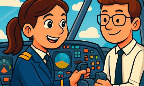Eine Pilotin, Lara, sitzt im Cockpit eines Flugzeugs, ihr Gesicht strahlt vor Stolz und Konzentration. Sie trägt einen dunkelblauen Pilotenanzug mit goldenen Schulterstücken, die im Licht des Cockpits glänzen. Ihre braunen Haare sind zu einem ordentlichen Pferdeschwanz gebunden, und ihre Augen funkeln vor Aufregung, während sie das Flugzeug durch die Wolken steuert. Neben ihr sitzt der Co-Pilot Tim, etwa 30 Jahre alt, mit einem freundlichen Lächeln, der ein weißes Hemd mit einer schwarzen Krawatte trägt. Er überprüft die Fluginstrumente, während seine Brille leicht auf seiner Nase rutscht. Das Cockpit ist mit bunten Instrumenten, blinkenden Knöpfen und leuchtenden Bildschirmen gefüllt, die einen spektakulären Blick auf den blauen Himmel durch die großen Fenster bieten. Unter ihnen schweben weiße, flauschige Wolken und schaffen einen schönen Kontrast zum azurblauen Himmel. Die Hauptsituation zeigt Lara und Tim in Aktion, während sie durch leichte Turbulenzen navigieren. Lara stellt mit Entschlossenheit das Steuer ein, während Tim die Instrumente überwacht, beide konzentriert auf ihre Mission, sicher zu fliegen.