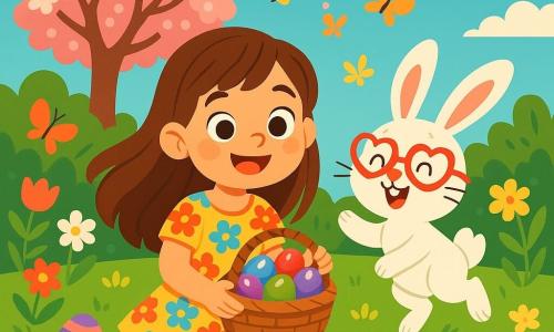 Una bambina di 6 anni, Alice, con lunghi capelli castani e occhi pieni di curiosità, è seduta sull'erba verde del giardino, con un ampio sorriso sul volto. Indossa un vestito a fiori colorati e tiene un cesto di vimini pieno di uova di cioccolato lucenti. Accanto a lei c'è un adorabile coniglietto di nome Cioccolato, con un pelo bianco splendente e occhiali a forma di cuore, che salta gioiosamente. È leggermente più piccolo di Alice e sembra molto entusiasta, con le grandi orecchie dritte. Il giardino è pieno di fiori multicolori, farfalle che svolazzano e un grande ciliegio in fiore sullo sfondo, creando un'atmosfera magica e primaverile. La scena mostra Alice e Cioccolato che cercano uova di cioccolato nascoste tra i fiori, con espressioni di gioia ed eccitazione sui loro volti, mentre il sole splende dolcemente, illuminando il giardino con una luce dorata.
