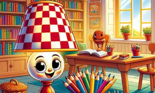 Luca, una lampada da tavolo con un paralume a quadretti rossi e bianchi, illumina un angolo della biblioteca con un sorriso caloroso. I suoi occhi rotondi e brillanti mostrano curiosità e voglia di aiutare. Accanto a lui, la Sedia Allegra, una sedia in legno colorata con un cuscino morbido, ascolta attentamente e sembra entusiasta, pronta a condividere idee. In un angolo, il Portapenne Rosso, un piccolo vaso in ceramica rossa, è pieno di matite colorate, apparendo determinato e concentrato. Il luogo è una biblioteca accogliente, con pareti in legno chiaro e scaffali pieni di libri colorati, illuminata da raggi di sole che filtrano dalle finestre. La scena principale mostra Luca e i suoi amici che discutono attorno a un grande tavolo in legno, condividendo storie e idee per aiutare chi ha meno, con sorrisi e gesti animati, pieni di speranza e solidarietà.