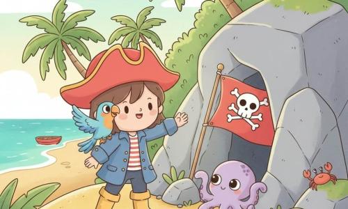Una ragazza pirata di circa 8 anni chiamata Lella, sorridente e coraggiosa, capelli castani corti, grande cappello rosso inclinato, giacca blu e stivali gialli, tende la mano per riprendere un vessillo rosso appeso a una roccia all'ingresso di una grotta; un pappagallo maschio chiamato Blu, piccolo, piume blu vivace e arancione, è sulla sua spalla destra e osserva eccitato agitandosi; un piccolo polpo viola dal aspetto gentile avvolge con i tentacoli il vessillo davanti a Lella mentre la guarda; piccoli granchi rossi e arancioni corrono sulla sabbia all'entrata, alcuni sui sassi muschiosi; luogo: isola tropicale luminosa con vegetazione verde, palme inclinate, spiaggia di sabbia dorata, grotta dalle pareti lisce e grigie, mare turchese e una piccola barca rossa sulla riva; scena principale: Lella recupera gioiosa il vessillo nella grotta, atmosfera dolce e dinamica, colori vivaci, forme tondeggianti e luci calde del tardo pomeriggio.