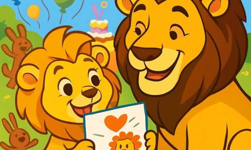 Ein kleiner fröhlicher Löwe mit einer goldenen Mähne und funkelnden Augen hält stolz ein buntes Bild in seinen Pfoten. Neben ihm schaut ein großer, muskulöser und liebevoller Papa-Löwe mit einem warmen Lächeln auf seinen Sohn, dessen Augen vor Zärtlichkeit strahlen. Im Hintergrund findet in einem sonnigen Park ein lebhaftes Fest statt, gefüllt mit bunten Ballons, Tischen voller Kuchen und tierförmigen Keksen. Tiere aller Art, wie Hasen und Affen, tanzen und lachen um sie herum und schaffen eine fröhliche, festliche Atmosphäre. Die Hauptszene zeigt, wie der kleine Löwe seinem Papa sein Bild präsentiert, umgeben von Lachen und lebhaften Farben, während sie gemeinsam den Vatertag mit Liebe und Glück feiern.