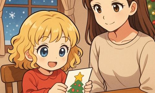 Een vierjarig meisje, Lotte, met grote fonkelende ogen en blonde krullen, zit blij en geconcentreerd aan een tafel. Ze houdt een kleurrijke kerstkaart in haar kleine handen. Naast haar staat haar moeder, een vrouw van ongeveer 30 jaar met bruin haar en een zachte glimlach, die haar liefdevol observeert. De kamer is warm, met een grote raam waardoor zachtjes vallende sneeuwvlokken te zien zijn. Een houten tafel is bedekt met kleurrijk papier, potloden en glinsterende stickers. De hoofdsituatie toont Lotte terwijl ze een gouden ster op haar kaart plakt, verlicht door de fonkelende lichtjes van een versierde kerstboom in de hoek van de kamer.