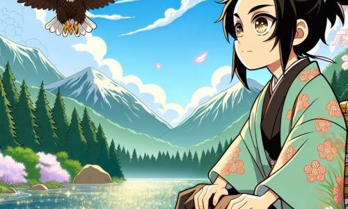 Haruto, mężczyzna w wieku około 30 lat, stoi nad lśniącym jeziorem, jego oczy błyszczą ciekawością i zachwytem. Ma na sobie tradycyjny kimono w kwiaty wiśni, a jego czarne włosy są związane w kucyk. Siedzi na głazie, ręce ma na kolanach, uważnie słuchając łagodnych szeptów natury. W pobliżu majestatyczna kula, symbol mądrości, unosi się na niebie, jej złote pióra błyszczą w słońcu. Ptakiem jest majestatyczny orzeł, który wydaje się obserwować Haruto z życzliwością, gotowy przekazać mu mądrość. Tło jest czarujące: zielone góry w oddali, a wokół jeziora kwitnące wiśnie, których różowe płatki opadają jak śnieg. Niebo jest jasnoniebieskie, z puszystymi białymi chmurami. W tej scenie Haruto medytuje, próbując zrozumieć kojące dźwięki natury, podczas gdy orzeł, symbol wolności i mądrości, unosi się nad nim, tworząc atmosferę spokoju i magii.