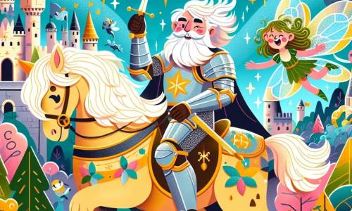 Um cavaleiro idoso, Sir Luiz, com uma longa barba branca e um sorriso caloroso, veste uma armadura brilhante decorada com padrões estrelados. Ele está em seu cavalo Pompom, um bonito pônei de pelagem dourada, e olha com determinação para a floresta encantada. Ao seu lado, uma pequena fada com asas cintilantes, cabelos cacheados e um vestido verde, voa alegremente, pronta para acompanhá-lo em sua aventura. A cena se passa diante de um castelo de pedra, com torres pontudas e bandeiras flutuantes, enquanto a floresta mágica, cheia de árvores coloridas e flores luminosas, se estende até o horizonte. Sir Luiz, com coragem e esperança, se prepara para entrar na floresta em busca do remédio que devolverá o sorriso aos animais do reino.