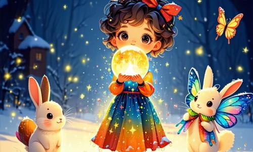 Uma menina de 6 anos, Luna, com cabelos cacheados e olhos brilhantes, está no centro da imagem, com o rosto iluminado pelo encanto. Ela usa um vestido colorido decorado com padrões de estrelas e segura uma bola de neve flutuante em suas mãos, cercada por um brilho dourado. Ao seu lado, Jubi, uma criatura amigável do tamanho de um coelho com asas de borboleta coloridas, voa alegremente, exibindo um grande sorriso. O cenário é uma floresta encantada, onde árvores com troncos cintilantes têm portas e janelas, e flores cantam suavemente ao ritmo do vento. Ao fundo, um castelo de cristal com cores vibrantes se ergue majestoso, cercado por pequenos dragões usando óculos e lendo livros. A cena principal mostra Luna e Jubi prontos para ativar o misterioso Artefato do Tempo, que flutua entre eles, iluminando a cena com uma luz mágica, enquanto engrenagens dançam ao seu redor, fundindo magia e ciência em um momento de aventura cativante.