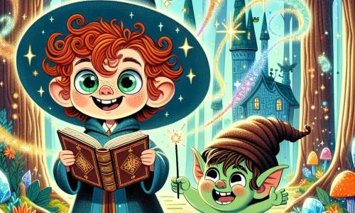 In the center of the image, Oliver Puddlewick, an eight-year-old wizard apprentice, stands with a big smile on his face. He has curly red hair that seems to dance around his head and sparkling green eyes full of curiosity. He wears an oversized blue robe that floats around his legs, holding a magical book with shimmering pages as he reads an enchanted spell. Next to him, Gilly, a small goblin with mischievous eyes and green skin, jumps for joy. He wears a crooked hat and has a playful smile, raising his arms in excitement. The setting is the enchanted Twinkling Woods, where majestic trees are adorned with shining crystals and colorful flowers swaying in a gentle breeze. Sunlight filters through the leaves, creating a magical light play on the moss-covered ground. The main scene shows Oliver reading aloud a magical spell from the Book of Whimsy, while a shower of colorful sparks rises around him, symbolizing magic in action. Gilly, beside him, bursts into laughter, adding joy and camaraderie to this fantastic adventure.