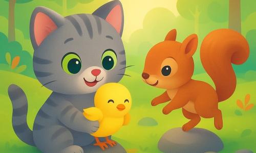 Un gatito llamado Pepe, gris atigrado de pelaje suave y brillante y ojos verdes grandes, sostiene delicadamente un pajarito; una ardilla parda llamada Lola, de pelaje rojizo y mirada traviesa, salta sobre una piedra cercana sonriendo; el pajarito amarillo de cabeza redonda y plumón bate suavemente las alas sobre una piedra entre ellos; la escena ocurre en un claro de bosque luminoso con hierba verde, hojas coloridas, piedras mojadas y un riachuelo brillante; ambiente tierno, colores cálidos y composición simple y centrada, adecuada para un niño de 2 años.