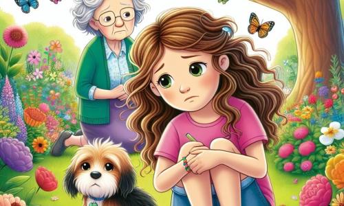 A 12-year-old girl, Emma, with wavy brown hair and eyes shining with sadness, is sitting on a green lawn surrounded by colorful flowers. She wears a pink t-shirt and denim shorts, holding a small notebook in her hands, her gaze lost in thought. Next to her, her grandmother, an elderly woman with gray hair and a gentle smile, leans slightly toward Emma, offering comforting support. In the background, a majestic oak tree provides shade, its branches extending like protective arms. The scene takes place in a sunny garden filled with vibrant flowers and a peaceful atmosphere. Emma writes memories of her beloved dog, Max, in her notebook, while colorful butterflies dance around them, symbolizing love and memory.