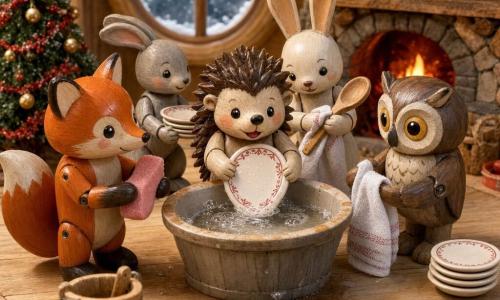 Un piccolo riccio di peluche in legno (protagonista), muso rotondo, aculei dipinti marrone e crema, occhi neri lucidi e sorriso concentrato, tiene un piccolo piatto di ceramica bianco con motivi rossi e lo immerge in una bacinella d’acqua tiepida; una volpe in legno dipinto (secondaria), mantello arancione e sguardo malizioso, a sinistra con una spugna rosa, un gufo in legno (secondario) con grandi occhi dorati e aria saggia tiene un canovaccio a destra, una lepre in legno con grandi orecchie bianche asciuga un mestolo dietro la bacinella e un coniglietto grigio in legno passa piatti puliti vicino all’albero di Natale. Interno di una casetta in legno calda: tavolo rotondo di pino, pavimento a doghe, camino di pietra con fuoco arancione, ghirlande rosse e palline dorate sull’alberello, finestra rotonda con neve che cade. Scena principale tenera e festiva: il piatto immerso riflette le luci rosse e dorate dell’albero, piccole spruzzate delicate, atmosfera luminosa, colori caldi e texture di legno dipinto, composizione centrata in stile diorama giocattolo accogliente.