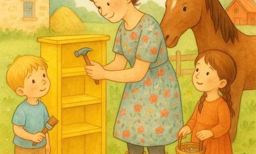 Rosa, mulher sorridente e concentrada, cabelo castanho em coque, veste vestido florido e botas, lixa e martela uma velha palete de madeira para transformá‑la numa prateleira pintada amarelo vivo; ao redor respingos de tinta, lascas de madeira e vasinhos de sementes. À esquerda, um menino de ~6 anos, loiro, segura um pincel em pé num pequeno talude junto à horta; à direita, uma menina de ~5 anos, castanha de tranças, segura um cesto de sementes perto das fileiras de cenoura. Um cavalo castanho e brilhante encosta o focinho na perna de Rosa, calmo e amigável, ao fundo uma manhã ensolarada na fazenda: casa de pedra creme, galinheiro vermelho, relva com flores, fardos de feno e ferramentas. Cena centrada na transformação da palete, ambiente acolhedor e sereno; estilo aquarela texturada, cores pastel saturadas, sombras suaves e contornos com caneta gel branca para reflexos.