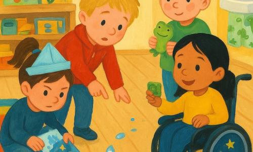 Vier bijna 4-jarige kinderen in een lichte, warme crèche met lichte houten vloer en kleurrijk tapijt onderzoeken een spoor van glinsterende waterdruppels: Mila (bruin haar in staartje, klein papieren hoedje) knielt links met een lichtvochtig stickerboek, Bo (blond, rode jas) staat in het midden en wijst naar een hoek met druppels, Noor (zwart haar, kleine rolstoel versierd met sterretjes) staat rechts iets naar voren en toont een gevonden kikkersticker, en Finn (roze wangen) staat achteraan verlegen met een natte eendknuffel; op de tafel liggen knutselpotloden en een puzzelrek en er zijn watersporen naar een wastafeltje met een kikkerhanddoek.