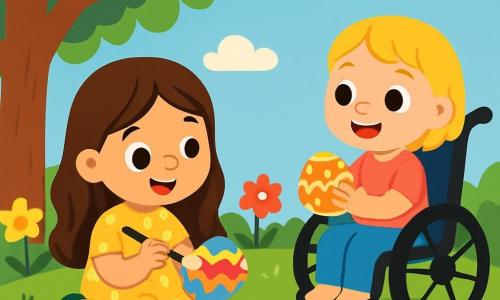 Er zijn 2 hoofdpersonages: - Lila: een 4-jarig meisje met lang bruin haar en sprankelende ogen. Ze draagt een gele jurk met stippen en houdt een penseel in haar hand. Ze zit op een groene mat, glimlachend, terwijl ze een ei schildert. - Noor: een 4-jarig meisje met kort blond haar, zittend in een mooie rolstoel. Ze draagt een roze t-shirt en blauwe broek. Ze kijkt Lila met een grote glimlach aan en houdt een versierd ei in haar handen. De locatie is een zonnige tuin, vol kleurrijke bloemen en weelderig groen. Er staat een grote boom met takken vol groene bladeren en een klein stukje gras waar verborgen paaseieren liggen. De lucht is blauw met enkele donzige witte wolken. De hoofdactie toont Lila en Noor die paaseieren versieren. Lila schildert vrolijk kleurrijke patronen op een ei, terwijl Noor haar werk bewondert. Glanzende eieren liggen verspreid om hen heen, en een klein houten kipje staat naast hen, wat een vleugje magie toevoegt aan dit moment van delen en creativiteit.