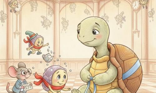Toby, a gentle round turtle with a shiny shell and a blue stripe, sits tying a blue ribbon as a bespectacled mouse on a low chair to his left holds a numbered ticket; a personified minute with a red scarf bows nearby while another minute with a quirky hat stumbles in the background and a tipped teapot scatters tiny silver drops. The scene is a large round clocklike hall with small clocks and hanging minutes like flowers, a checkerboard floor of second-stepped stones, warm pastel pencil tones and visible strokes, a welcoming magical atmosphere, all facing Toby as he receives his "Rememberer" ribbon after solving a small paradox.
