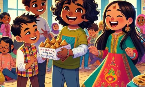 In the center of the image, an 11-year-old girl, Maya, with curly black hair, radiates joy. She wears a colorful t-shirt and jeans, smiling widely with sparkling eyes as she holds a decorated invitation for the cultural festival. Next to her, Amir, a 12-year-old boy of Pakistani descent with olive skin and brown hair, shows samosas to a group of children. He has a warm smile and wears a traditional shirt. Rosa, an 11-year-old girl of Hispanic descent with long, smooth hair, joyfully dances nearby in a colorful dress, laughing as she leads other children in her dance. The location is the "Unity House" community center, a bright building adorned with colorful murals representing cultures from around the world. Tables are set with various dishes, sparkling lanterns, and flags from different countries flutter in the air. The main scene shows Maya, Amir, and Rosa celebrating together at the cultural festival, surrounded by children of different backgrounds, all having fun, dancing, and sharing delicious food, creating an atmosphere of joy and unity.
