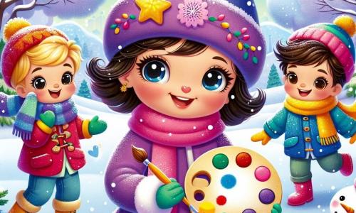 In a magical winter landscape, three children joyfully play in the snow. Lily, a 4-year-old girl with bright eyes and rosy cheeks, stands in the center holding a colorful paint palette and brush, ready to create her masterpiece. She wears a purple coat and a pink hat adorned with a star. To her right, Daniel, a 4-year-old boy with a big smile and messy brown hair, is having fun making a snowman. He is dressed in a blue jacket and a red scarf blowing in the wind. On the left, Mia, a 4-year-old girl with black curls and a bright smile, throws snowballs while laughing. She wears a bright yellow coat and green gloves. The setting is a charming winter park with majestic trees covered in sparkling snow, gentle snowflakes falling from the light blue sky, and a thick layer of pristine snow on the ground. The scene captures the moment when the children, filled with joy and creativity, prepare to paint their vision of winter while playing in the snow, embodying the spirit of friendship and imagination.