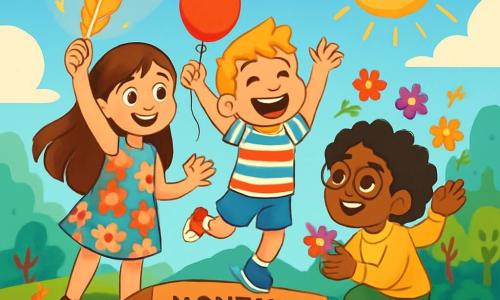 Há 3 personagens: Ana, uma menina de 9 anos, com cabelos longos e castanhos e olhos brilhantes. Ela usa um vestido colorido com flores e segura uma pena dourada que brilha em sua mão. João, um menino de 8 anos, com cabelo curto e loiro, veste uma camiseta listrada e um short azul. Ele está rindo, com os braços levantados, e um balão vermelho flutuando ao seu lado. Marta, uma menina de 9 anos, com cabelos cacheados e óculos redondos, usa um suéter amarelo e calças verdes. Ela está agachada, segurando uma dúzia de flores coloridas, pronta para lançá-las ao ar. Os três amigos estão no topo da Montanha Bochecha Alegre, cercados por colinas verdes e nuvens fofas. O céu é de um azul vibrante, e o sol brilha intensamente, iluminando a paisagem. Flores multicoloridas crescem ao redor deles, e ao longe, pode-se ver a Floresta Risonha com suas árvores de formas engraçadas. A cena principal mostra os amigos celebrando sua vitória após encontrar o Balão do Sorriso Infinito. Eles riem juntos, cercados de magia e alegria, prontos para compartilhar sua próxima aventura.