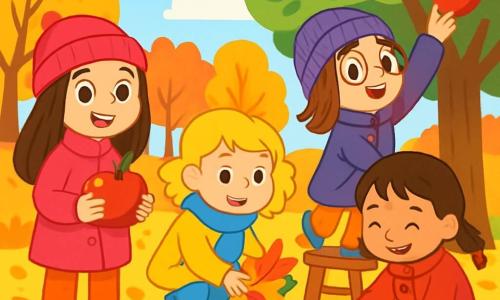 Há 4 crianças: - Clara: uma menina de 8 anos, com cabelos longos e castanhos e olhos brilhantes. Ela usa um casaco rosa e um gorro combinando. Ela está à esquerda, sorridente, segurando uma grande maçã vermelha. - Sofia: uma menina de 7 anos, com cabelos loiros cacheados e bochechas rosadas. Ela usa um casaco amarelo e um cachecol azul. Ela está no centro, recolhendo folhas coloridas. - Mariana: uma menina de 8 anos, com cabelos castanhos e óculos redondos. Ela usa um casaco roxo e um gorro de lã. Ela está à direita, em cima de um pequeno banco, tentando pegar uma maçã de uma árvore. - Inês: uma menina de 6 anos, com cabelos curtos e tranças. Ela usa um casaco vermelho e botas pretas. Ela está de joelhos, perto do chão, recolhendo castanhas. O local é um jardim de outono vibrante, cheio de árvores com folhas amarelas, laranjas e vermelhas. O chão está coberto de folhas secas e ao fundo, uma macieira carregada de maçãs brilhantes se ergue sob um céu azul claro. A cena principal mostra as quatro meninas alegres, cercadas de frutas e cores de outono, colhendo maçãs e castanhas, rindo e se divertindo juntas, com sorrisos radiantes em seus rostos.