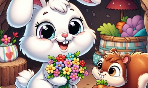 An illustration depicts a small white rabbit with soft, fluffy fur, large floppy ears, and sparkling eyes, holding a bouquet of colorful flowers with a big smile, excited for Mother's Day. Next to him is a brown squirrel with a bushy tail and mischievous eyes, grinning widely while holding a carrot, showing his enthusiasm to help. They are in a cozy burrow interior with earthen walls, a floor covered in leaves and small flowers, and a corner decorated with colorful cushions and a small vase of fresh flowers. The main scene shows the rabbit and squirrel preparing a surprise for Mother's Day, with expressions of happiness and excitement. Other graphic elements include scattered carrots on the floor, a basket filled with vegetables nearby, and soft light filtering through the burrow entrance, creating a warm and joyful atmosphere.