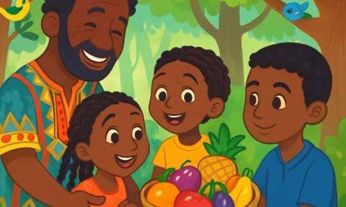 Kofi, un bărbat african de aproximativ patruzeci de ani, are pielea de o nuanță caldă și părul creț, purtând o tunică colorată cu motive tradiționale. Fața lui exprimă bunătate și un zâmbet cald, în timp ce întinde un coș plin de fructe strălucitoare și colorate. Lângă el, Amina, o fetiță de 10 ani cu părul împletit, poartă o rochie ușoară și veselă, admirând fructele cu ochii plini de bucurie. Tunde, un băiat de 8 ani, stă în spate, zâmbind larg și cu brațele deschise, pregătit să împărtășească fructele cu prietenii lor. Scena are loc într-o pădure verde, unde razele soarelui filtrează printre frunzele copacilor, creând umbre dansante pe pământ. Flori colorate și păsări cântătoare adaugă viață mediului. Kofi și copiii săi se adună în jurul lui Juma, un băiat de 12 ani, care îi privește cu recunoștință în timp ce le oferă fructe magice pentru a-l ajuta pe el și familia sa. Atmosfera este veselă și plină de speranță, simbolizând ajutorul reciproc și prietenia în comunitatea lor.