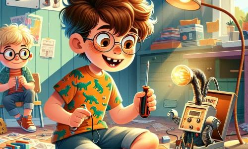 Ein 9-jähriger Junge, Emil, mit zerzausten braunen Haaren und neugierigen Augen, arbeitet begeistert an einem lustigen Projekt in seinem Zimmer. Er trägt ein buntes T-Shirt mit Dinosauriermotiven und eine Jeansshorts, während er einen Schraubendreher in einer Hand und ein altes Bastelbuch in der anderen hält, das Gesicht von Aufregung erleuchtet. Neben ihm beobachtet sein bester Freund Max, ebenfalls 9 Jahre alt, mit blonden Haaren und runden Brillen, schüchtern lächelnd und bereit, ihre Erfindung mit einem Plastikmikrofon zu testen. Das Zimmer ist voller Krimskrams: bunte Papiere, verstreute Werkzeuge, ein alter Staubsauger, der in eine Witzmaschine verwandelt wurde, und Robotermotive an den Wänden. Sonnenlicht strömt durch ein Fenster und taucht die Szene in einen sanften goldenen Schein. Die Hauptsituation zeigt Emil und Max bei ihrer kreativen Arbeit, umgeben von Materialien, konzentriert darauf, einen lustigen Staubsauger zu bauen, der Witze erzählt, was ihren Versuch symbolisiert, etwas wirklich Einzigartiges und Unterhaltsames zu erfinden.