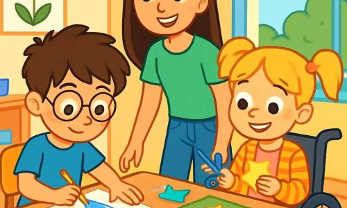 Hay 3 personajes: - Leo: Un niño de 7 años, con el cabello castaño desordenado y gafas redondas. Lleva una camiseta azul y un pantalón corto amarillo. Está sentado en una gran mesa, concentrado en un dibujo que hace con un lápiz. - Sara: Una niña de 7 años, con el cabello rubio atado en dos coletas. Está en una pequeña silla de ruedas, vestida con un vestido rosa y un chaleco de rayas. Sonríe mientras sostiene unas tijeras de colores, lista para recortar formas de papel. - Ana: La hermana mayor de Leo, de 12 años, con el cabello largo y liso, lleva una camiseta verde y jeans. Está de pie junto a la mesa, observando y ayudando a Leo y Sara con una sonrisa alentadora. La escena tiene lugar en un aula luminosa y colorida, con paredes decoradas con dibujos de niños y carteles educativos. Las mesas de madera están dispuestas en círculo, y en el centro hay una gran mesa llena de útiles escolares: lápices, tijeras, pegamento y papeles de colores. La luz del sol entra por la ventana, creando un ambiente alegre y acogedor. La situación principal muestra a Leo y Sara trabajando juntos en un proyecto, rodeados de material artístico. Leo dibuja un cohete en una hoja, mientras que Sara recorta estrellas de papel. Ana les ayuda explicando los pasos, y los tres ríen juntos, creando una atmósfera de amistad y colaboración.