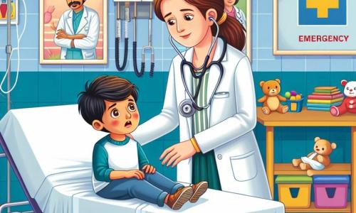 La doctora Clara es una mujer de unos treinta años, con el cabello castaño recogido en una coleta ordenada. Lleva una bata blanca impecable y un estetoscopio al cuello, mostrando una expresión de concentración y amabilidad mientras examina a un niño pequeño. Pablo, el niño de ocho años, tiene el cabello castaño y grandes ojos preocupados. Está acostado en una camilla, rodeado de sábanas blancas, con un ligero rubor en sus mejillas que indica que todavía está un poco asustado. Su madre, una mujer de unos cuarenta años, tiene el cabello negro y lleva un suéter azul. Se encuentra al lado de la camilla, con las manos apretadas, mirando a Clara con una expresión de alivio y esperanza. La escena transcurre en una sala de urgencias luminosa y acogedora de un hospital, con paredes pintadas en colores pastel y carteles educativos sobre salud en las paredes. Juguetes y libros están esparcidos sobre una mesa cercana, aportando un toque cálido al entorno médico. La situación principal muestra a Clara tranquilizando a Pablo, hablándole suavemente mientras usa su estetoscopio para escuchar su respiración. La atmósfera es a la vez seria y reconfortante, ilustrando la dedicación de Clara para ayudar a los niños necesitados.