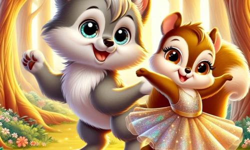 En el centro de la imagen, un pequeño lobo gris llamado Lupi, con ojos brillantes, expresa gran alegría y curiosidad. Su pelaje es suave y sedoso, y baila alegremente sobre sus patas traseras, con una gran sonrisa en su rostro. A su lado, una pequeña ardilla marrón llamada Susi, con una bonita sonrisa y un brillo de felicidad en sus ojos, lleva un hermoso vestido colorido que brilla como un arcoíris. Ella gira sobre sí misma, con sus pequeñas patas levantadas, pareciendo encantada de compartir este momento con Lupi. El escenario es un bosque encantado, bañado en luz dorada, con majestuosos árboles de troncos gruesos y hojas verdes brillantes. Flores coloridas salpican el suelo, añadiendo un toque de magia a la escena. La situación principal muestra a Lupi y Susi bailando juntos en una fiesta en el bosque, rodeados de otros animales que los miran con admiración, celebrando sus diferencias y su amistad.
