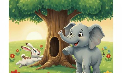 A light-gray elephant with slightly wrinkled skin and gentle brows beams with wide bright eyes and a round smile, raising a small foot and folding its large ears as if shouting "You found me!" to its left, a white rabbit with brown spots, a pink twitching nose, and a mischievous expression jumps from a tree trunk with its hind legs still in the air. The scene is a vivid green meadow dotted with oversized red, yellow, and blue flowers, a central brown-barked tree with round foliage, and a low warm sun casting golden light, capturing the freeze-frame of hide-and-seek with vivid colors and visible acrylic brushstrokes and crisp outlines.