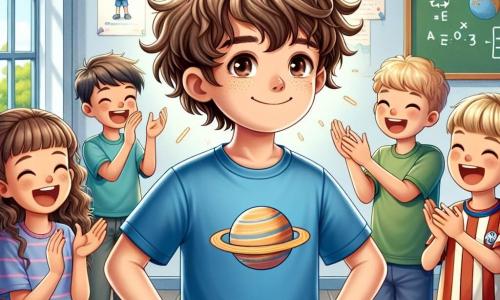 Un ragazzo di 11 anni, di nome Luca, si trova al centro dell'immagine, con un grande sorriso sul volto e gli occhi che brillano di gioia e orgoglio. Ha i capelli castani disordinati, indossa una t-shirt blu con un piccolo disegno di pianeta e pantaloni corti beige. È circondato dai compagni di classe, tutti applaudendo e sorridendo, celebrando la sua vittoria nella competizione di matematica. Alla sua destra, Marco, un altro ragazzo di 11 anni, ha i capelli biondi e indossa una maglietta di calcio rossa, alzando le braccia in segno di entusiasmo. Alla sua sinistra, Sofia, una ragazza di 10 anni con capelli lunghi e ricci, indossa un vestito a fiori, sorridendo e applaudendo, con gli occhi pieni di ammirazione per Luca. La scena si svolge in un'aula luminosa, con muri decorati da disegni di bambini e poster educativi, mentre la luce del sole illumina i volti gioiosi dei bambini. Luca, circondato dai suoi amici, ha appena vinto una competizione di matematica e tutti lo applaudono con entusiasmo.
