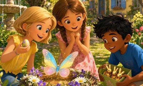 Una bambina di 8 anni, Sofia, raggiante e meravigliata, capelli castano chiaro in treccia, veste primaverile a fiori rosa, tiene una ghirlanda di rami con margherite e violette sullo stipite; accanto a sinistra Emma, 8 anni, sorridente e curiosa, capelli biondi corti, camicetta gialla, mostra un piccolo uovo dipinto; a destra Davide, 8 anni, eccitato e malizioso, capelli neri spettinati, maglietta blu, accovacciato con una scatola verde aperta con coniglietti di cioccolato dorati; giardino soleggiato di primavera con erba verde, vecchio melo in fiore sullo sfondo, fontana di pietra a sinistra e casetta gialla sfocata, la ghirlanda è al centro su una ceppaia illuminata da un raggio di sole dorato che fa scintillare petali e polvere d’oro; una grande farfalla azzurra, gialla e rosa esce dolcemente dal centro della ghirlanda con ali traslucide e glitter; atmosfera calda, colori saturi e contrastati, ombre morbide in cel-shading, espressioni leggibili e pose dinamiche dei bambini, piano medio centrato su ghirlanda e farfalla con lieve profondità di campo per mantenere dettagliato il giardino sullo sfondo.