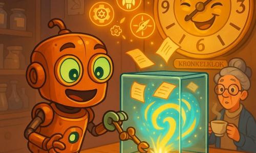 PIP-9, klein koperen robot-bibliothecaris op drie wielen met ronde groene glazen ogen en een scharnierende snavelmond, steekt een piepkleine mechanische hand uit om aan een hendel in een geopende vitrinekast te trekken; achter hem glanst de Kronkelklok, een grote antieke bronzen klok met twee wijzers en een knipogende derde wijzer, waarvan een gouden gloed uitgaat en een klein metalen luikje onder de wijzerplaat opengaat; mevrouw Riet, menselijke conservator met grijs haar in een knot en een dampende kop thee, kijkt verbaasd van op de achtergrond bij een plank met potten en schetsen; boven het houten voetstuk met oude naambordjes en een gevouwen kaartje zweven drie lichtende pictogrammen (tandwiel met bloem, raket met krijtstreep, kompas met kopje); precies op het moment dat PIP-9 de hendel trekt opent zich een draaikolk van azuur- en goudkleurig licht waarin bladzijden en vonkjes rondzweven, een warme, ontdekkingsvolle scène met duidelijke silhouetten en verzadigde kleuren.